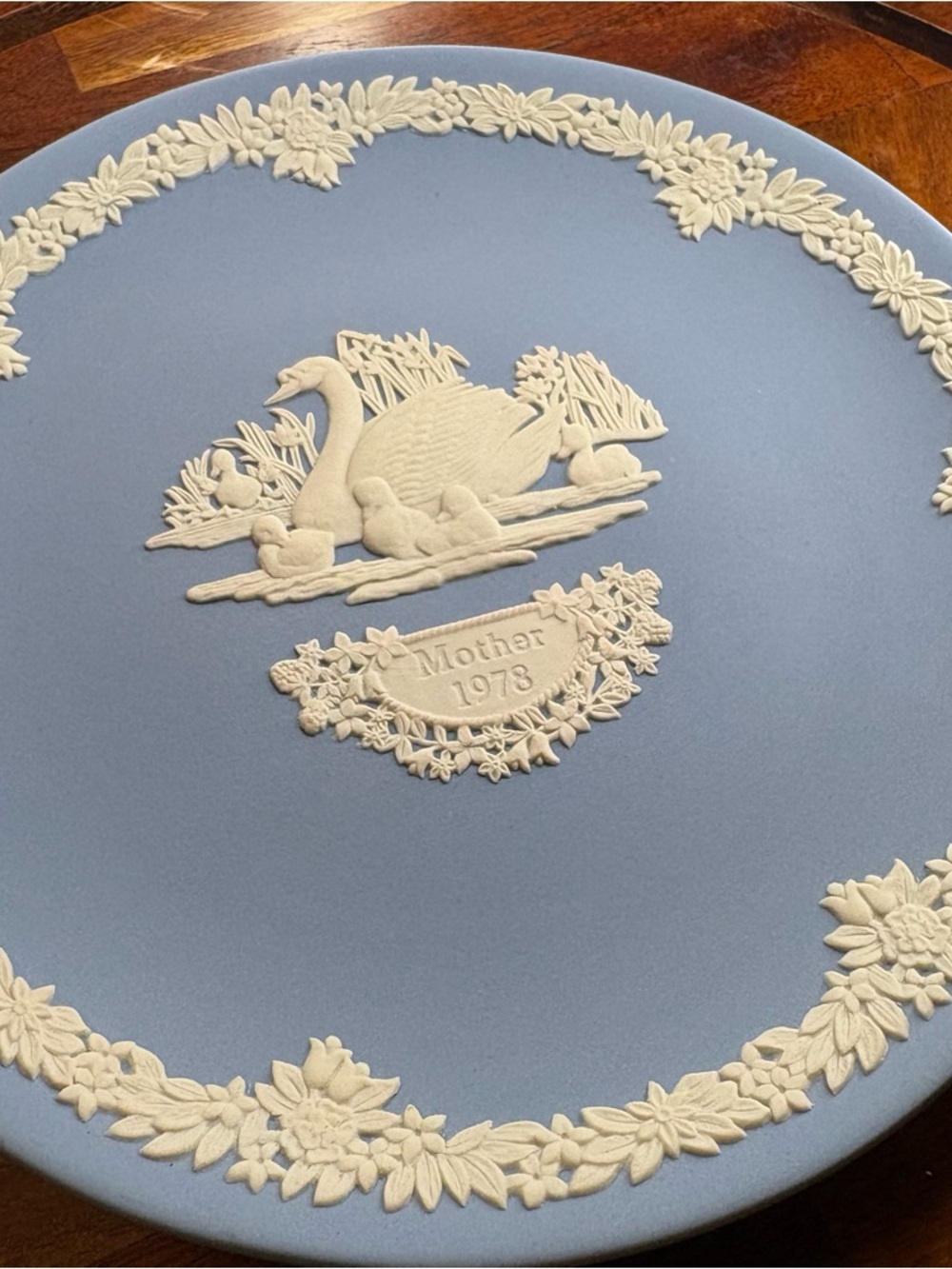 Wedgewood-Style Blue Jasperware with Swan - "Mother 1978"